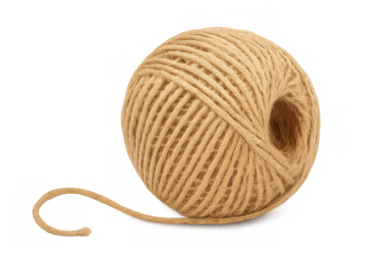 Ball of natural jute string for crafting and packaging, a tangled thread of raw rustic fiber material