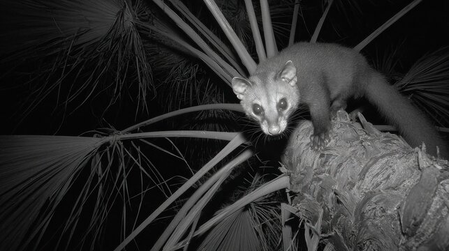 Monochrome small mammal peers from a palm tree at night, captured with infrared camera
