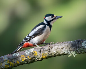 Stunning woodpecker perched gracefully on a lichen-covered branch, a vibrant glimpse into nature's beauty, perfect for wildlife projects and educational materials