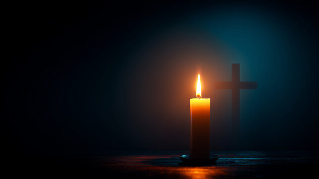 animation with cross silhouette and burning church candle isolated over dark, empty interior; concept of church holiday,celebration, decoration, november 1, all saints day