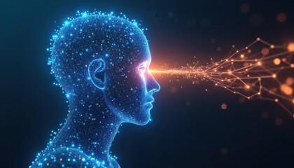 Fototapeta premium Abstract digital head displays glowing particles and bright energy beam projecting from eye. Futuristic concept of artificial intelligence and data processing.
