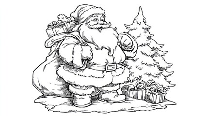Jolly figure with sack and gifts beside decorated evergreen tree