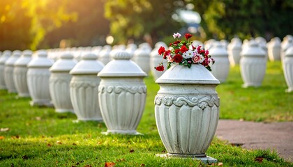 An outdoor scene of a graveyard filled with white urns. One urn displays red and pink flowers; sunlight illuminates the scene
