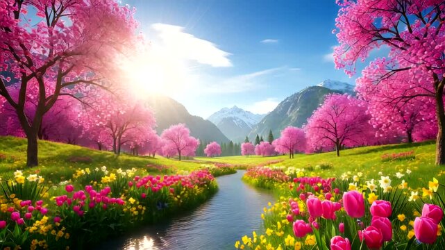 Vibrant spring landscape with blooming cherry trees and colorful flowers