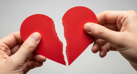 Hands Holding Torn Red Paper Broken Heart Against Gray Background