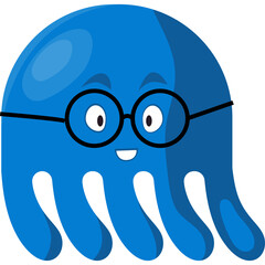 Blue cartoon octopus character wearing glasses with a friendly expression and tentacles spread on a transparent background