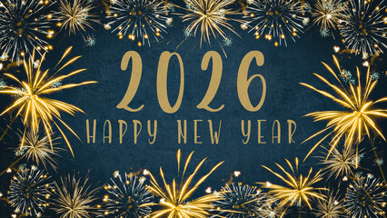 Silvester 2026, New year New Year's Eve Party, new years eve background with text - firework fireworks frame on rustic dark blue night sky texture