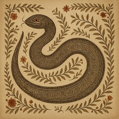 Madhubani snake artwork on vintage beige background, traditional Indian folk art painting in Mithila style, hand-drawn serpent with floral motifs and intricate ornamental detailing.