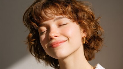 Naklejka premium A close-up of a person face with eyes closed and a gentle smile, symbolizing a balanced and happy life. Mindfulness, positive thinking, and a growth mindset.