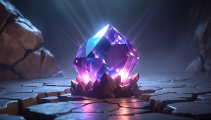 A 3D render of a glowing crystal or gemstone embedded in the cracks of a rock.
