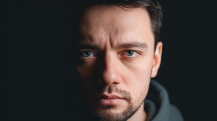 Obraz premium A close-up of a person thoughtful face looking slightly upward, symbolizing questioning life and purpose. Deep life questions and the meaning of life.