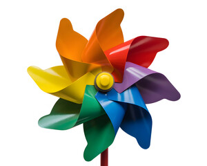 Vibrant rainbow pinwheel spinning joyfully against white backdrop, evoking childhood memories and cheerful summer days, perfect for lighthearted designs