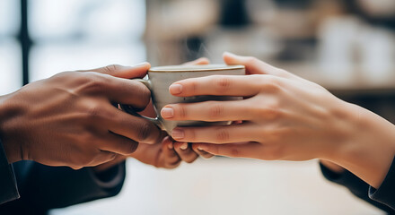 Two hands, different skin tones, sharing a coffee cup. Symbolizing human connection, hospitality, and collaboration.