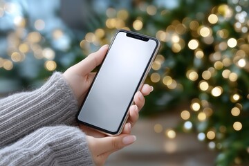 Female hands holding smartphone mockup with glowing white screen, surrounded by soft bokeh lights, showcasing modern technology and cozy atmosphere with copy space