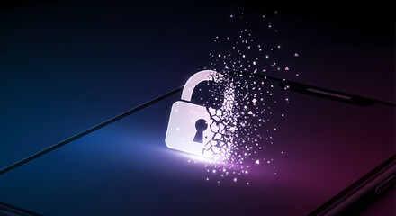 Security breach on smartphone showing a breaking lock. Security breach incident on mobile device, with digital particles emerging from cracked padlock, symbolising vulnerability.