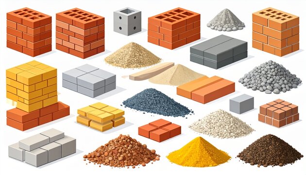 Isometric Construction Materials: Bricks, Sand, Gravel, and Blocks for Building Projects