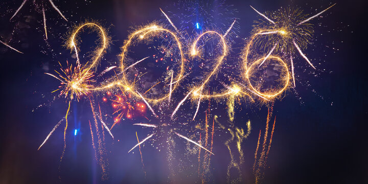 happy new year, new year's eve, silvester, new year, sparklers celebration greeting card, new year card - Year 2026 in sparkler font and firework fireworks pyrotechnic, on night sky background