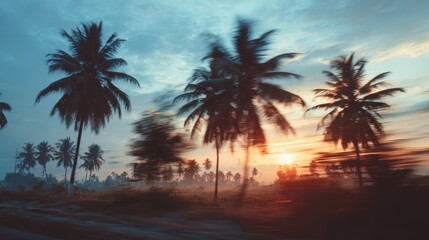 Fototapeta premium Blurred motion of palm trees at sunset with orange and blue colors. Use it for travel, summer, or tropical vibe designs for social media.