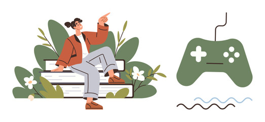 Young woman sitting and pointing while on a bench surrounded by greenery. A game controller symbolizes leisure and play. Ideal for gaming, relaxation, hobbies, lifestyle, recreation, self-care