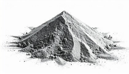 Pile of gray cement powder or concrete mix isolated on white background, construction material, industrial texture, building supplies