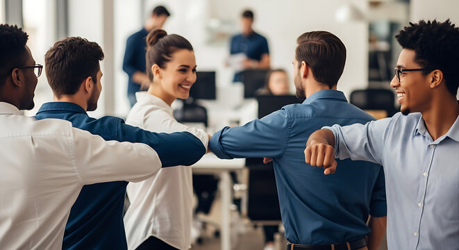 Happy diverse business team performing elbow bumps in a modern office. Contactless greeting, teamwork, and collaboration in a new normal workplace.
