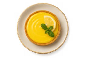Round lemon tart on plate from top view