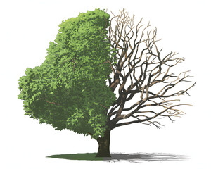 Striking tree showing contrasting life and death, vibrant green leaves meets barren branches symbolizing change, growth, and resilience in nature and life