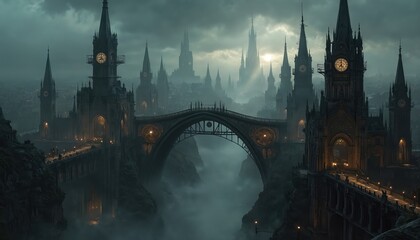 Dark steampunk city skyline in dense fog shows bridge with clockwork elements. Ornate towers with clocks dominate urban fantasy landscape. Gothic buildings create dramatic atmosphere at twilight.