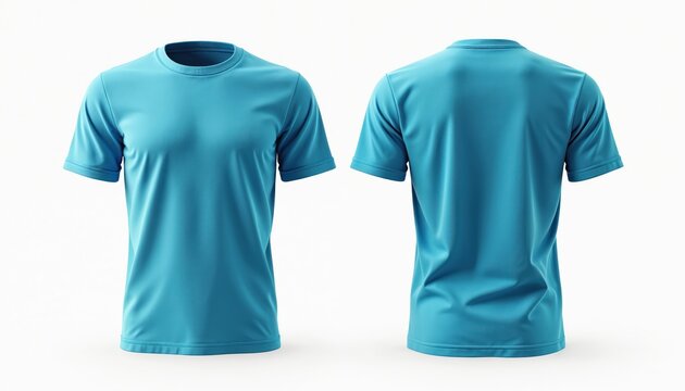 Cyan blue men t-shirt mockup from front, back view. Blank sports casual tee template for design presentation. Isolated clothing on white background for print, logo placement. Short sleeve apparel for