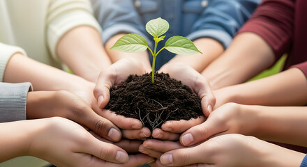 Diverse hands nurturing a young plant seedling, symbolizing collective growth, environmental protection, and teamwork