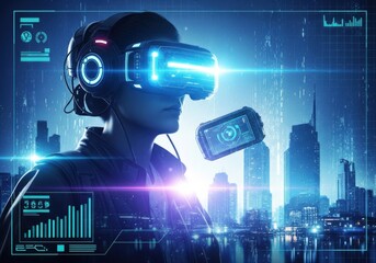 Futuristic cityscape with a person wearing vr headset, immersed in digital world, experiencing augmented reality and advanced technology