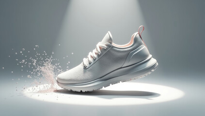 A 3D model of sneakers at a slight angle, with floating dust particles.