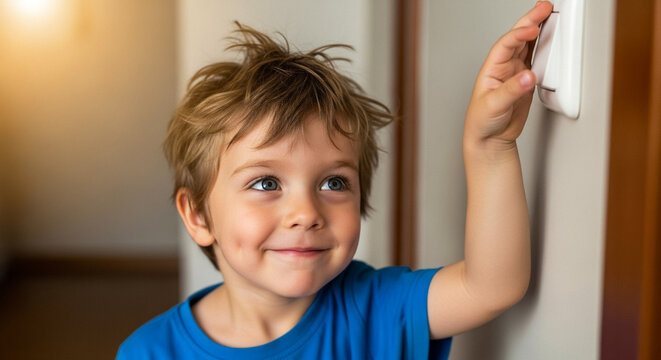 Child playfully reaching for light switch at home, exploring curiosity and learning