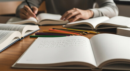 Hands writing among open books, Braille text visible. Inclusive learning, education, and study concept on wooden desk.