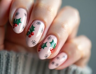 Close up view of fingernails with festive holiday nail art. Pastel pink polish features delicate holly leaves with red berries and small snowflakes. Minimalist festive design for winter celebrations.