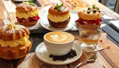 An overhead shot displays gourmet pastries and coffee. A latte is center with beans, surrounded by cream-filled desserts, a glass of water, and a spoon on a wooden table