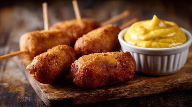 Golden brown corn dogs on a wooden board served with a bowl of yellow mustard dip - Powered by Adobe