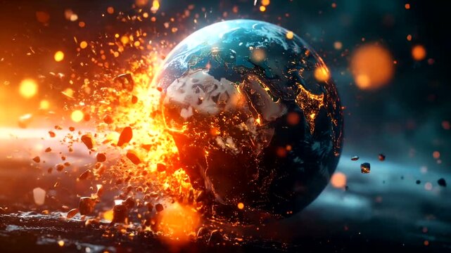 Planet disintegration with fiery explosion and debris scattering