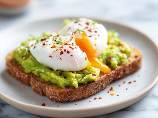 Avocado toast topped with poached eggs and chili flakes on plate  