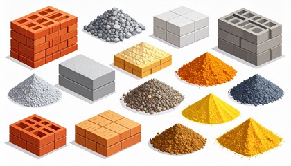 Isometric set of various construction materials: bricks, concrete blocks, sand, gravel, and cement piles on a white background, perfect for building and construction themes.