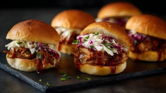 Appetizing pulled pork sliders topped with creamy coleslaw and garnished with fresh herbs presented on a rustic dark slate board
