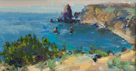 Sea mountain oil painting. An original sketch from nature. Sunset light on turquoise water. Evening seascape. Multicolored brushstrokes, impressionism. Artistic background for design. Contemporary art