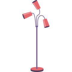 Modern Floor Lamp With Three Adjustable Red Shades and Purple Stand on Transparent Background Minimalist Design Element for Interior Decor