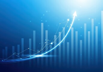 An abstract blue background with a rising arrow and bar graph, representing growth and success in business and finance
