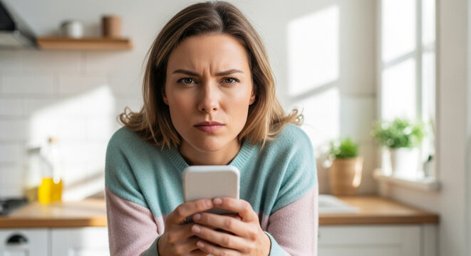 Woman looking at smartphone with skepticism in bright kitchen interior, online privacy concerns