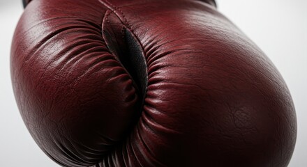 Close up detail of a rich burgundy red leather boxing glove isolated on white background.