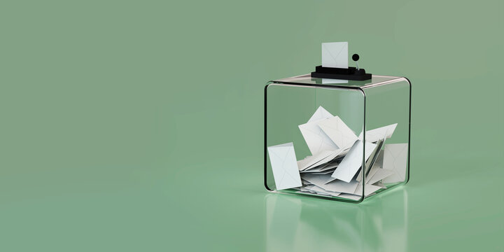 urne de vote transparente, remplie de bulletins de vote sur fond vert - Illustration 3D