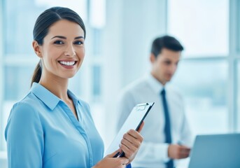 Smiling young businesswoman holding clipboard in office with colleague working on laptop in background, exuding professionalism and confidence