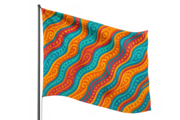 Waving flag with colorful abstract wavy pattern and decorative swirls on transparent background