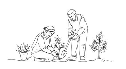 Obraz premium Elderly couple planting trees together in garden, environmental conservation and bonding